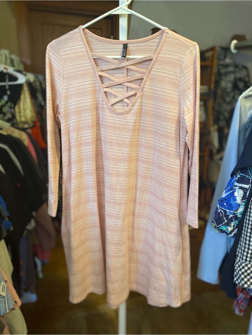 Striped Crisscross V-Neck Mini Dress in Light Pink